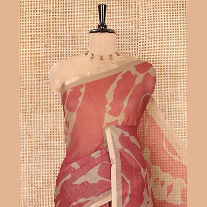 Pothys Chikoo Linen Cotton Saree, Adorned with Shibori Prints on Its Body, Subtle Contrast Piping Border, Pallu of Floral Print, and Paired with a Matching Blouse