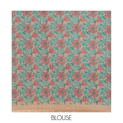 Pothys Chikoo Linen Cotton Saree, Adorned with Shibori Prints on Its Body, Subtle Contrast Piping Border, Pallu of Floral Print, and Paired with a Matching Blouse