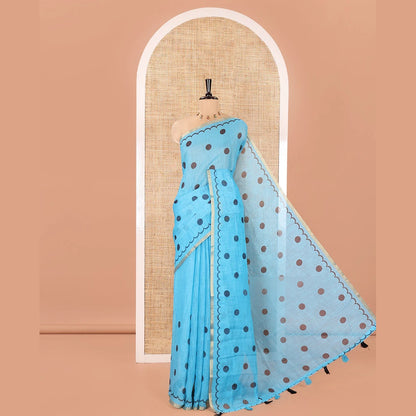 Pothys Blue Linen Cotton Saree, Beautified with Polka Dots All Over Its Body, Subtle Piping Border, Self-Pallu, and Paired with a Floral Printed Matching Blouse