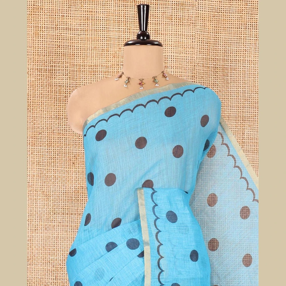 Pothys Blue Linen Cotton Saree, Beautified with Polka Dots All Over Its Body, Subtle Piping Border, Self-Pallu, and Paired with a Floral Printed Matching Blouse