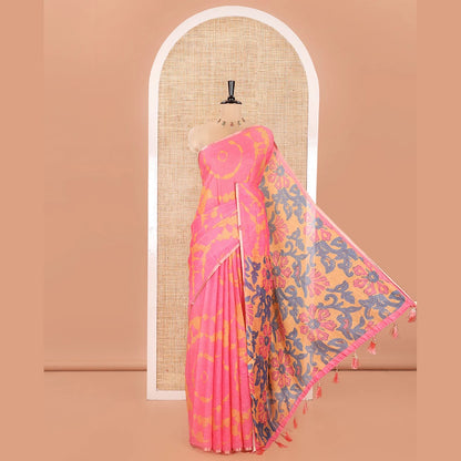 Pothys Pink Linen Cotton Saree, Ornamented with Shibori Printed on Its Body, Subtle Piping Border, Pallu Features Floral Print, and Paired with a Contrast Floral Printed Blouse