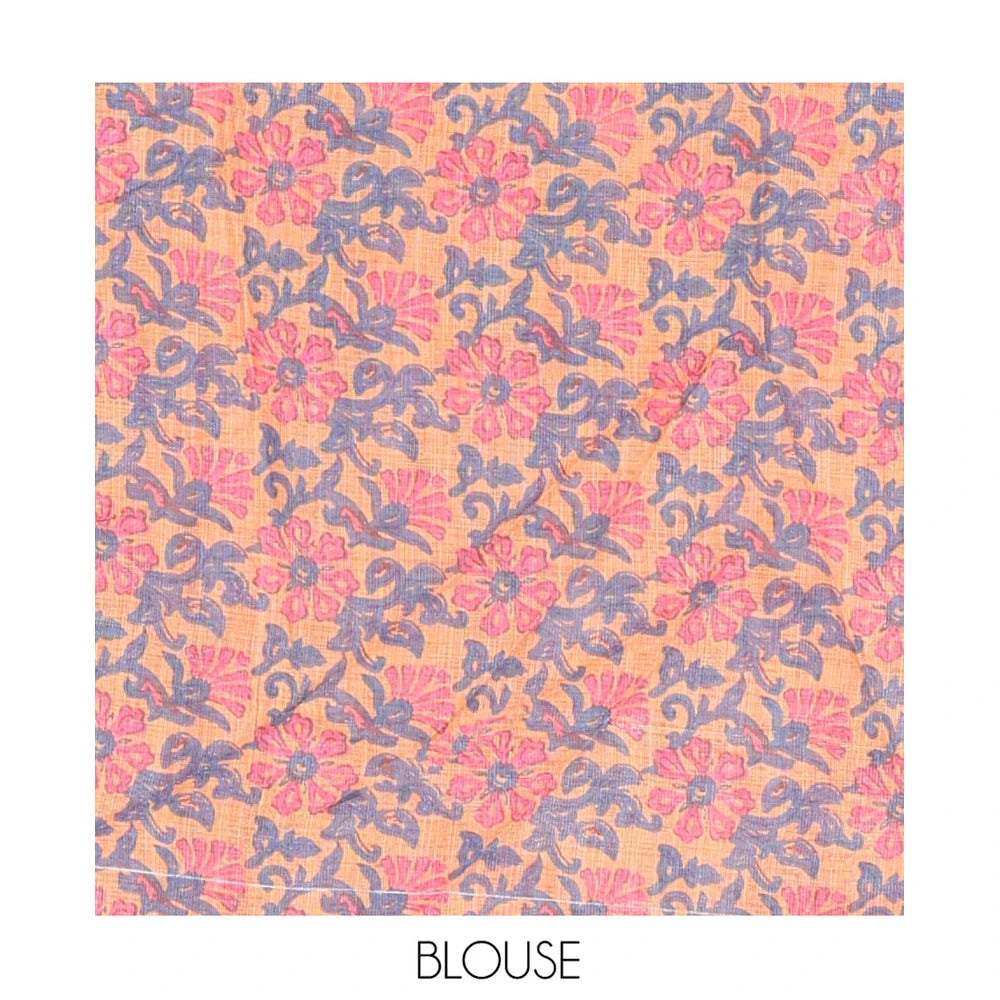 Pothys Pink Linen Cotton Saree, Ornamented with Shibori Printed on Its Body, Subtle Piping Border, Pallu Features Floral Print, and Paired with a Contrast Floral Printed Blouse