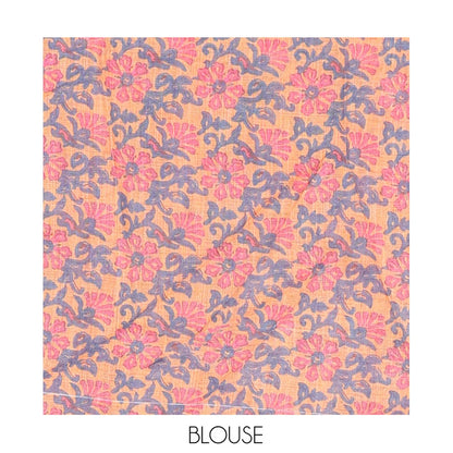 Pothys Pink Linen Cotton Saree, Ornamented with Shibori Printed on Its Body, Subtle Piping Border, Pallu Features Floral Print, and Paired with a Contrast Floral Printed Blouse