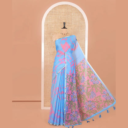 Pothys Light Blue Linen Cotton Saree, Graced with Shibori Printed on Its Body, Subtle Piping Border, Pallu Features Floral Print, and Paired with a Contrast Floral Printed Blouse