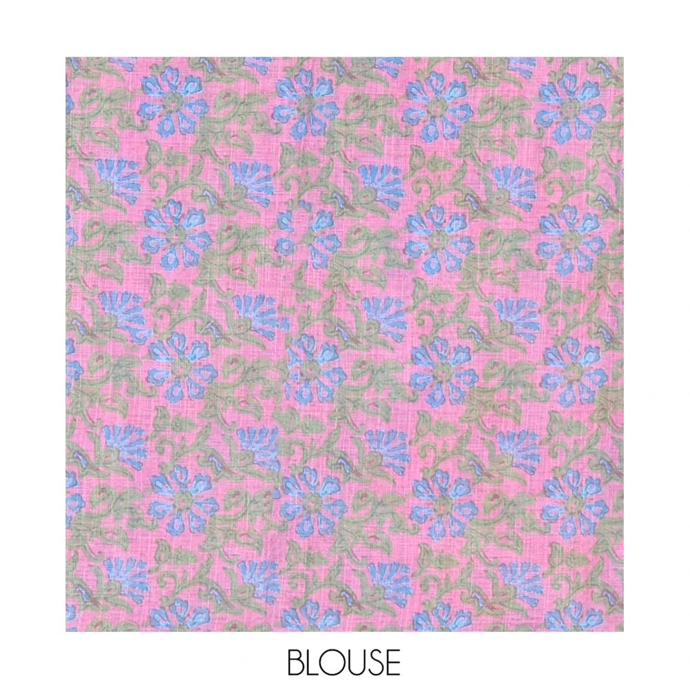 Pothys Light Blue Linen Cotton Saree, Graced with Shibori Printed on Its Body, Subtle Piping Border, Pallu Features Floral Print, and Paired with a Contrast Floral Printed Blouse