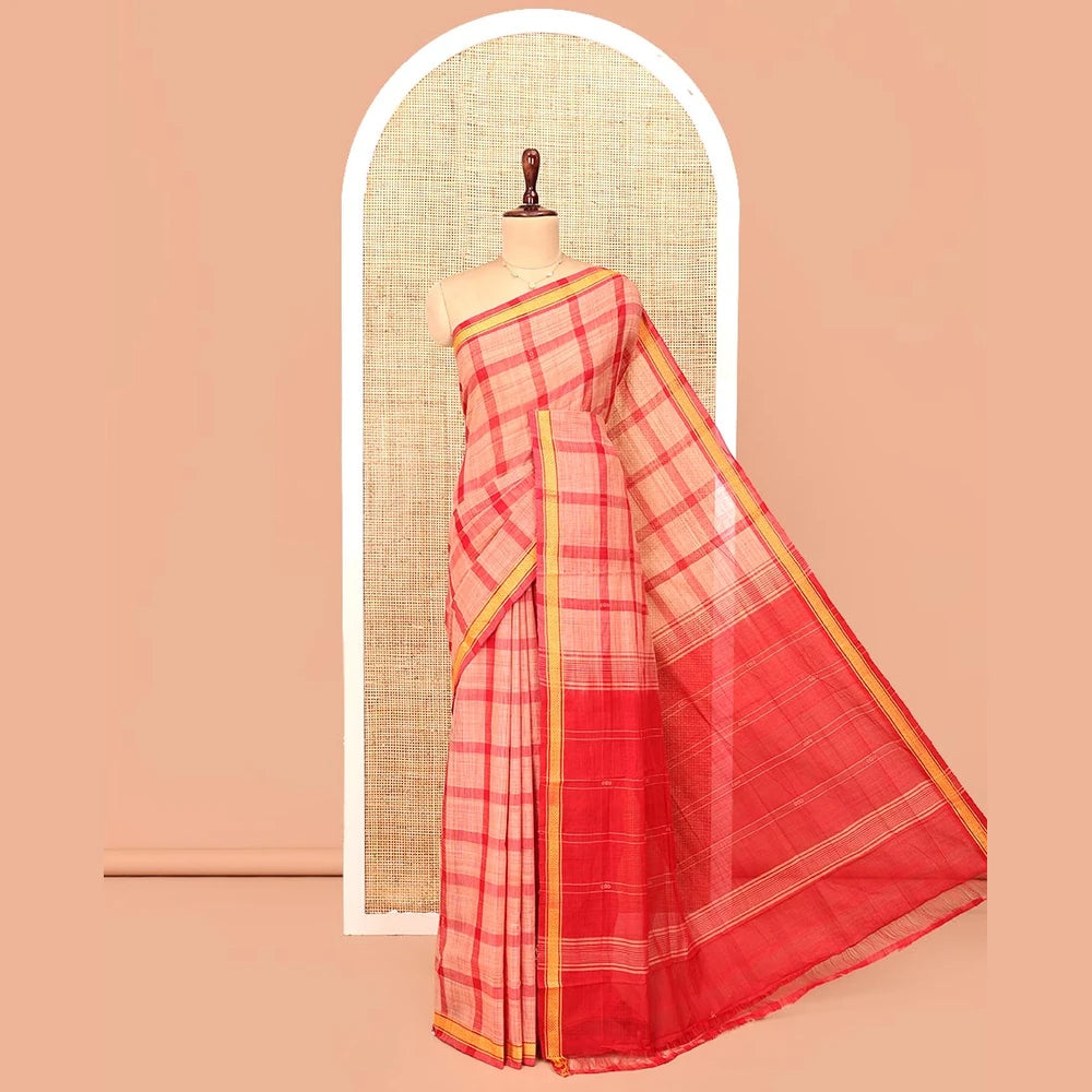 Pothys Red Andhra Cotton Saree, Showcasing Big Checked Design All Over Its Body, Subtly Sparked with a Traditional Border, Pallu of Stripes, and Paired with a Matching Blouse
