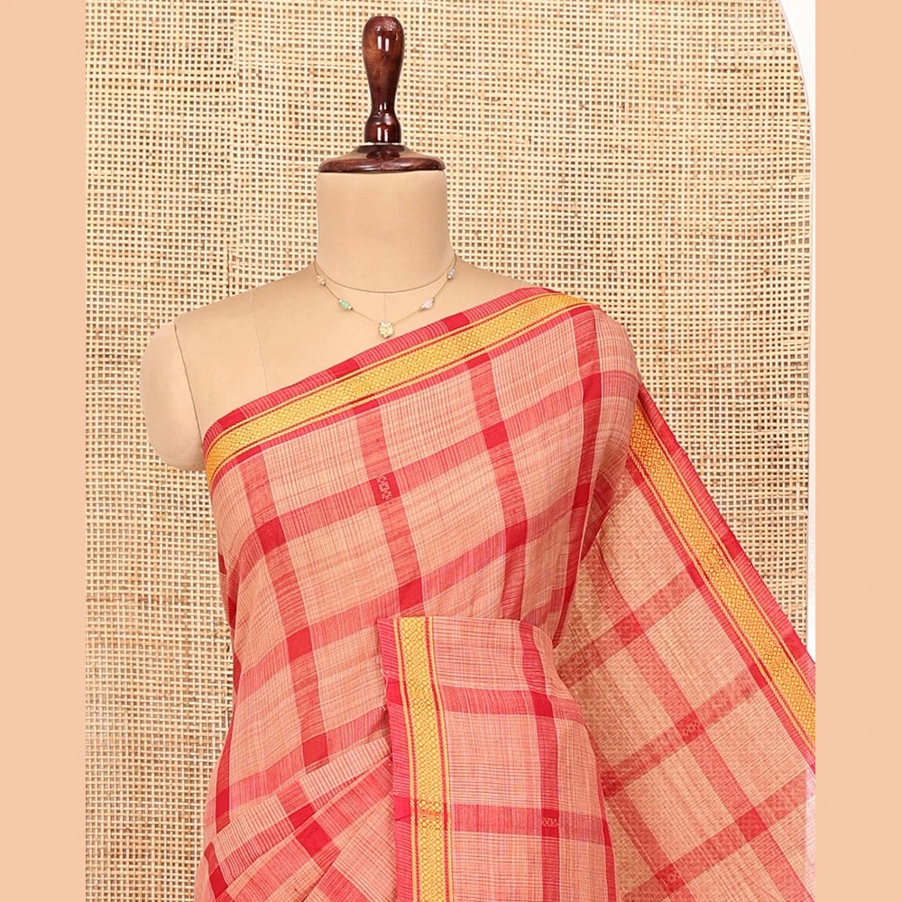 Pothys Red Andhra Cotton Saree, Showcasing Big Checked Design All Over Its Body, Subtly Sparked with a Traditional Border, Pallu of Stripes, and Paired with a Matching Blouse