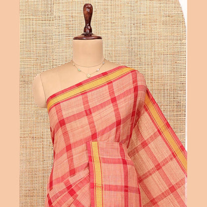 Pothys Red Andhra Cotton Saree, Showcasing Big Checked Design All Over Its Body, Subtly Sparked with a Traditional Border, Pallu of Stripes, and Paired with a Matching Blouse