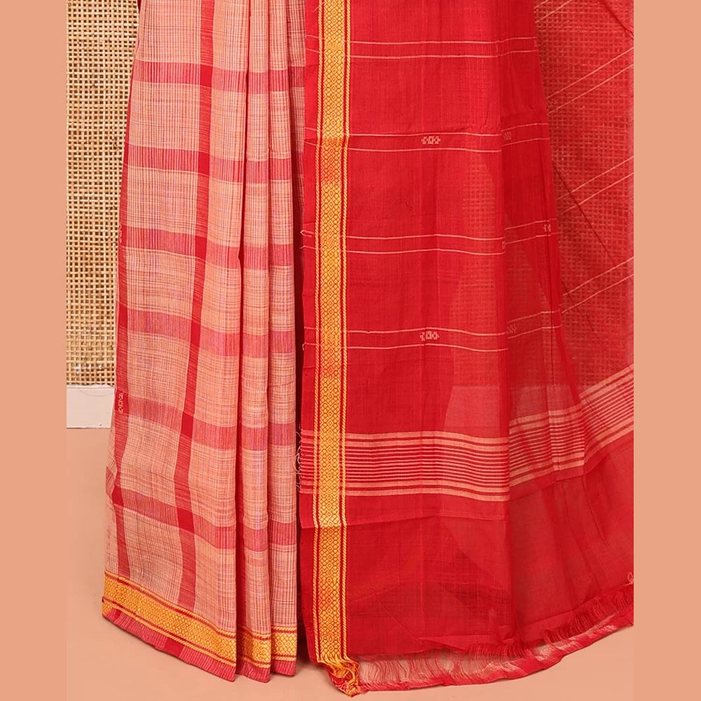 Pothys Red Andhra Cotton Saree, Showcasing Big Checked Design All Over Its Body, Subtly Sparked with a Traditional Border, Pallu of Stripes, and Paired with a Matching Blouse