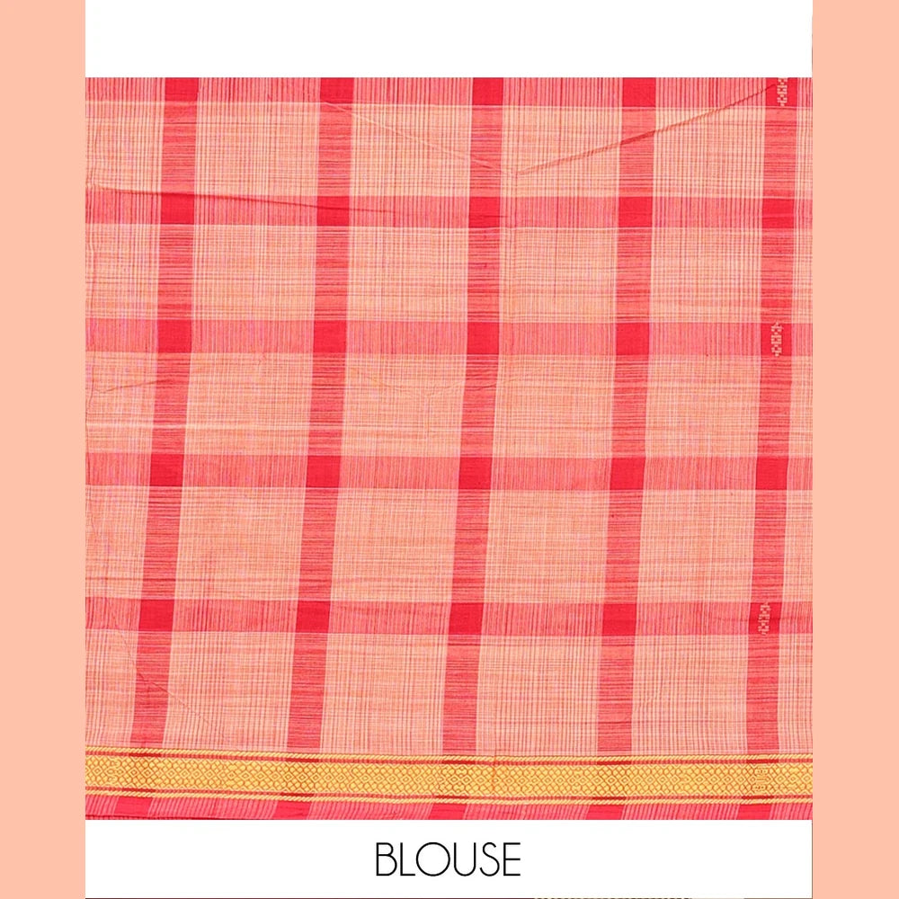 Pothys Red Andhra Cotton Saree, Showcasing Big Checked Design All Over Its Body, Subtly Sparked with a Traditional Border, Pallu of Stripes, and Paired with a Matching Blouse