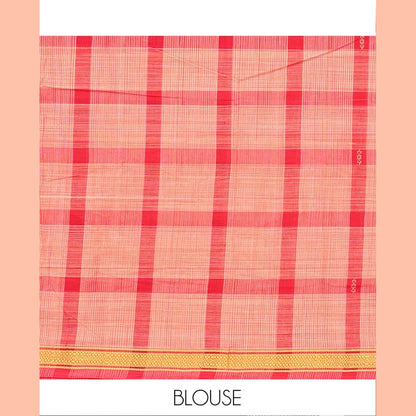 Pothys Red Andhra Cotton Saree, Showcasing Big Checked Design All Over Its Body, Subtly Sparked with a Traditional Border, Pallu of Stripes, and Paired with a Matching Blouse