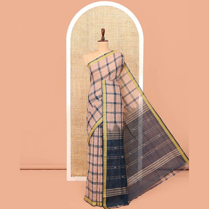 Pothys Peacock Blue Andhra Cotton Saree, Woven with Big Checked Design All Over Its Body, Subtly Sparked with a Traditional Border, Pallu of Stripes, and Paired with a Matching Blouse