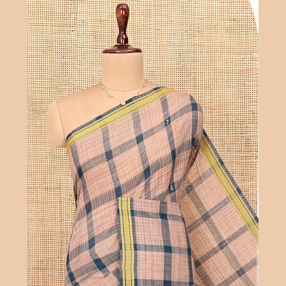 Pothys Peacock Blue Andhra Cotton Saree, Woven with Big Checked Design All Over Its Body, Subtly Sparked with a Traditional Border, Pallu of Stripes, and Paired with a Matching Blouse