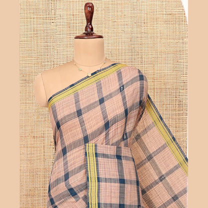 Pothys Peacock Blue Andhra Cotton Saree, Woven with Big Checked Design All Over Its Body, Subtly Sparked with a Traditional Border, Pallu of Stripes, and Paired with a Matching Blouse