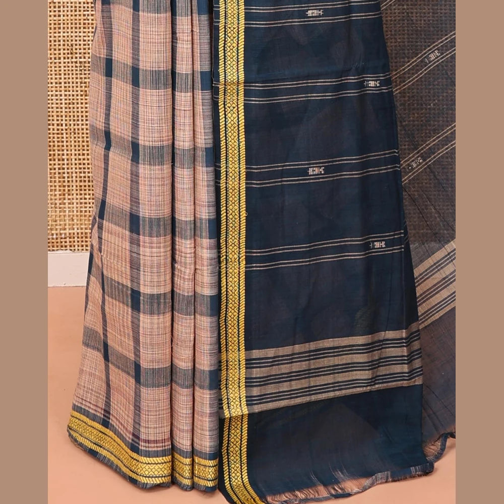 Pothys Peacock Blue Andhra Cotton Saree, Woven with Big Checked Design All Over Its Body, Subtly Sparked with a Traditional Border, Pallu of Stripes, and Paired with a Matching Blouse
