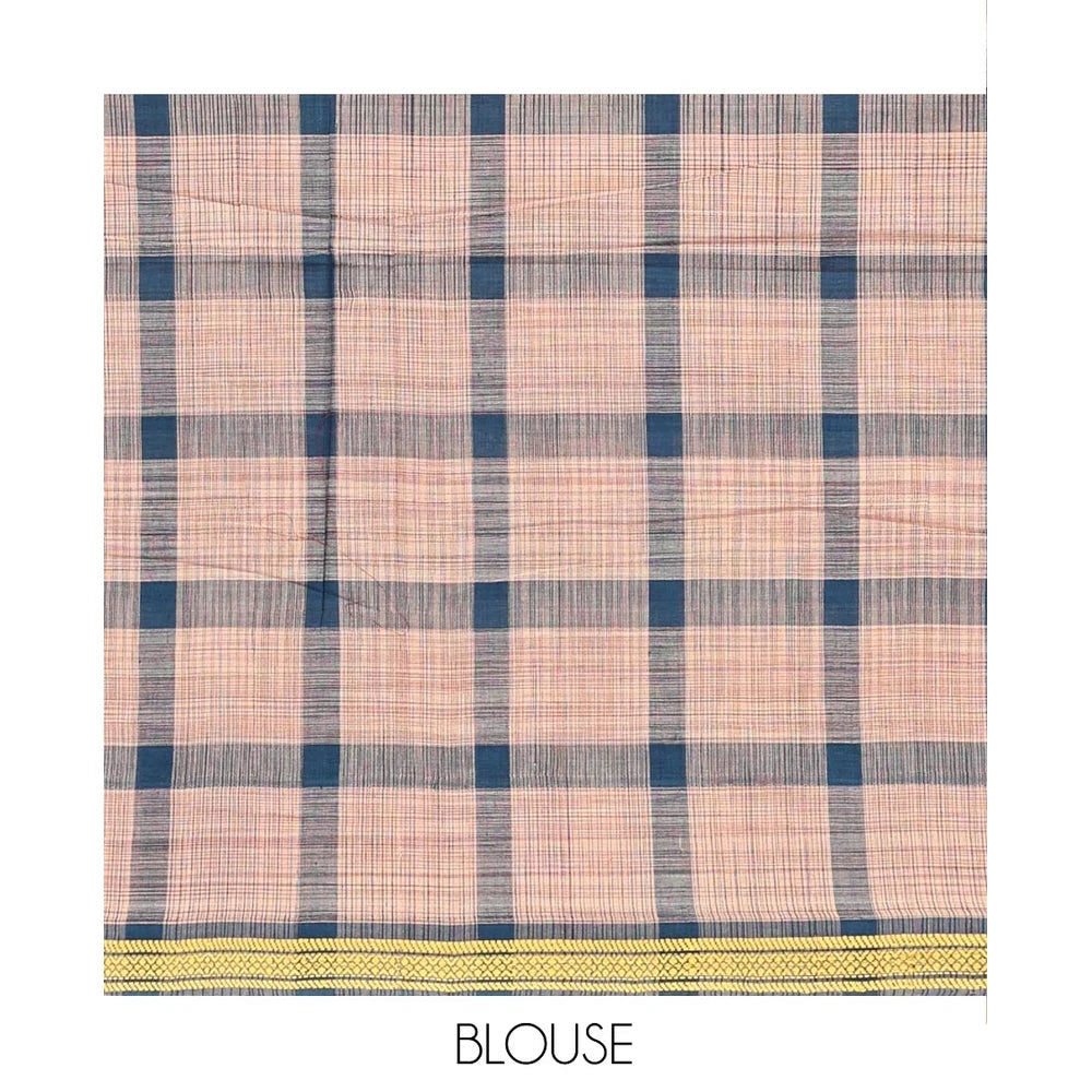 Pothys Peacock Blue Andhra Cotton Saree, Woven with Big Checked Design All Over Its Body, Subtly Sparked with a Traditional Border, Pallu of Stripes, and Paired with a Matching Blouse