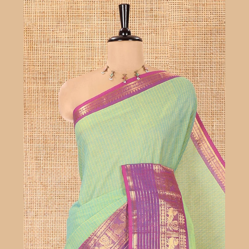Pothys Sea Green Chettinad Cotton Saree, Subtly Sparkled with Stripes on Its Body, Complemented by a Contrast Traditional Design Zari Border, Subtly Striped Pallu, and Paired with a Matching Blouse