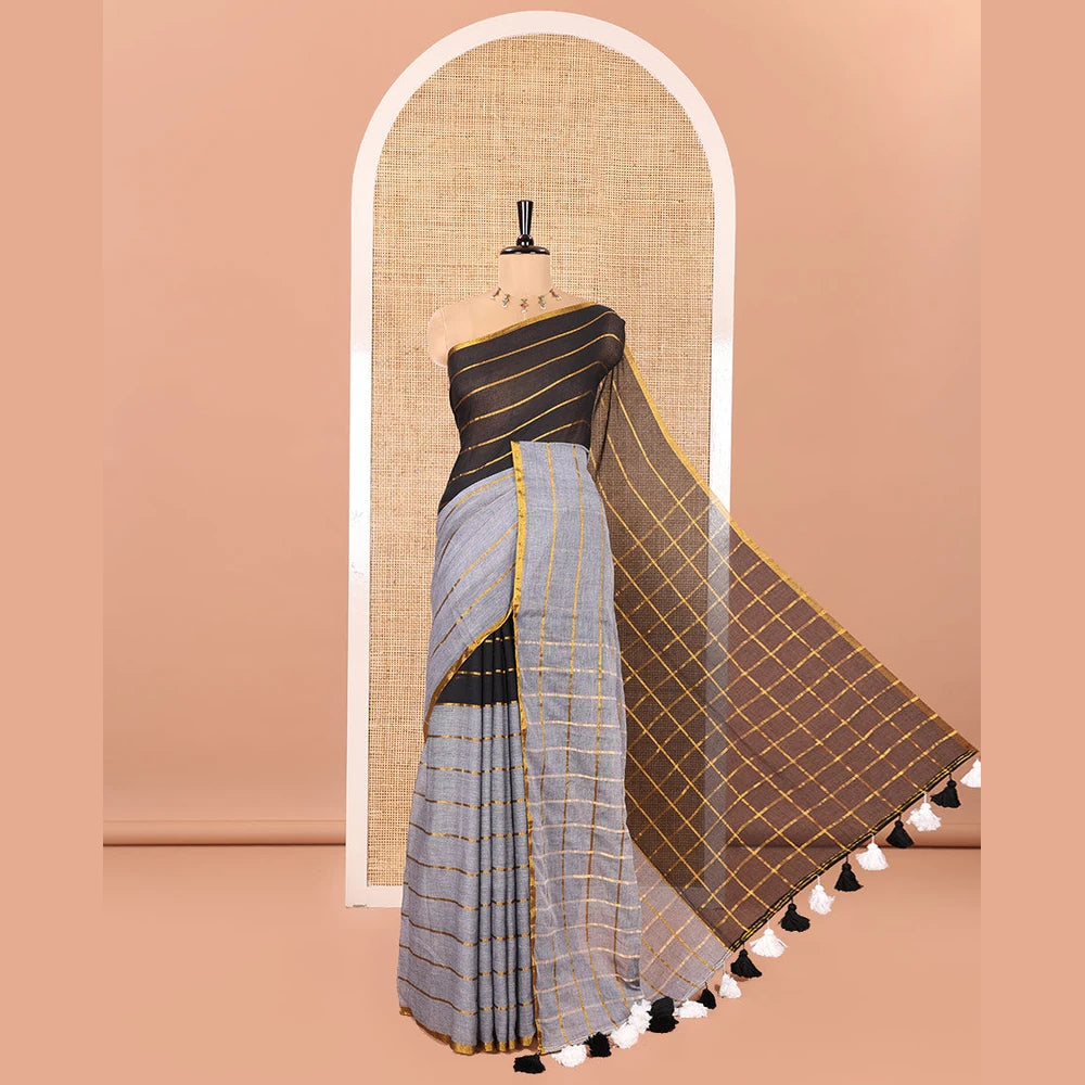 Pothys Grey and Black Khadi Mul Cotton Saree, Elevated with Horizontal Zari Stripes on Its Body, Zari Piping Border, Subtly Striped Pallu, and Paired with a Contrast Blouse