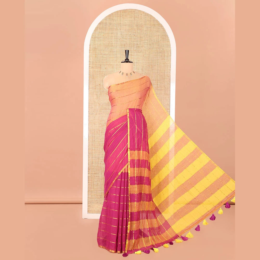 Pothys Orange and Pink Khadi Mul Cotton Saree, Decked Up with Horizontal Zari Stripes on Its Body, Zari Piping Border, Subtly Striped Pallu, and Paired with a Contrast Blouse