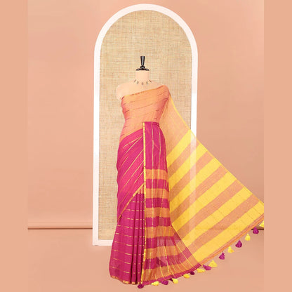 Pothys Orange and Pink Khadi Mul Cotton Saree, Decked Up with Horizontal Zari Stripes on Its Body, Zari Piping Border, Subtly Striped Pallu, and Paired with a Contrast Blouse