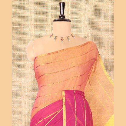 Pothys Orange and Pink Khadi Mul Cotton Saree, Decked Up with Horizontal Zari Stripes on Its Body, Zari Piping Border, Subtly Striped Pallu, and Paired with a Contrast Blouse