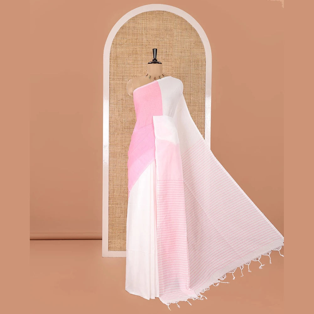 Pothys Borderless White and Candy Pink Plain Khadi Mul Cotton Saree, Self-Pallu Steeped with Stripes, and Paired with a Plain Blouse