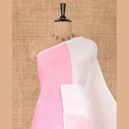 Pothys Borderless White and Candy Pink Plain Khadi Mul Cotton Saree, Self-Pallu Steeped with Stripes, and Paired with a Plain Blouse