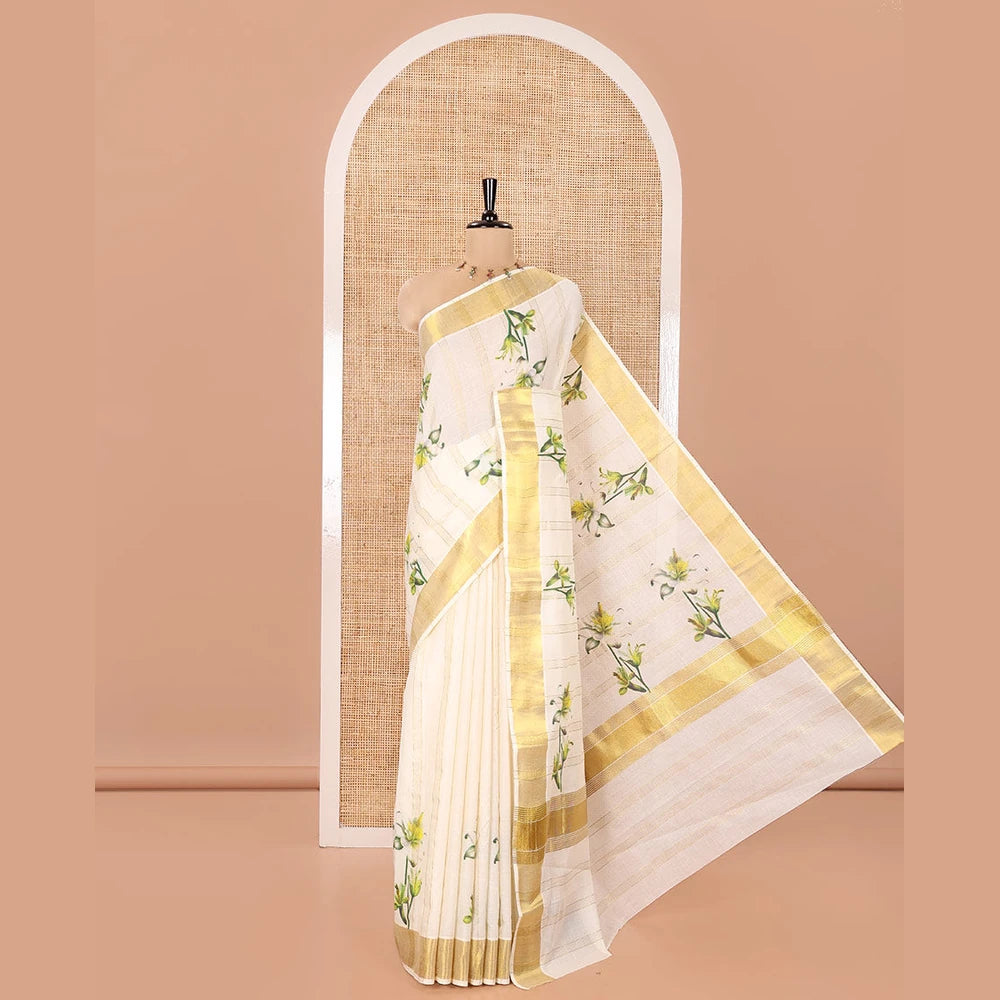 Pothys Half-White Kerala Cotton Saree, Prettified with Vertical Stripes and Floral Print on Its Body, Highlighted by a Zari Border, Pallu Pictures the Same Design, and Paired with a Matching Blouse