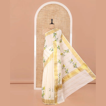 Pothys Half-White Kerala Cotton Saree, Prettified with Vertical Stripes and Floral Print on Its Body, Highlighted by a Zari Border, Pallu Pictures the Same Design, and Paired with a Matching Blouse