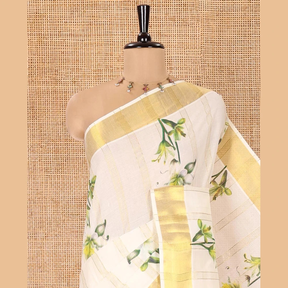 Pothys Half-White Kerala Cotton Saree, Prettified with Vertical Stripes and Floral Print on Its Body, Highlighted by a Zari Border, Pallu Pictures the Same Design, and Paired with a Matching Blouse