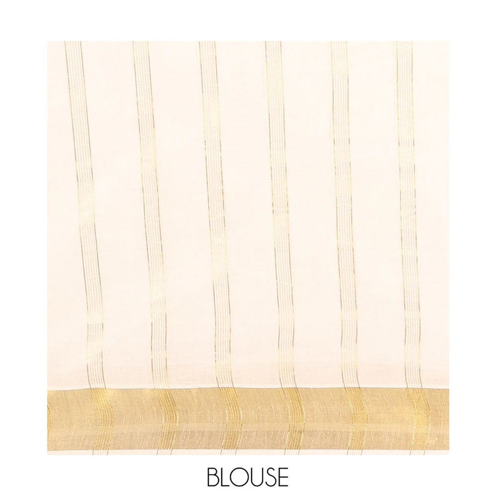 Pothys Half-White Kerala Cotton Saree, Prettified with Vertical Stripes and Floral Print on Its Body, Highlighted by a Zari Border, Pallu Pictures the Same Design, and Paired with a Matching Blouse