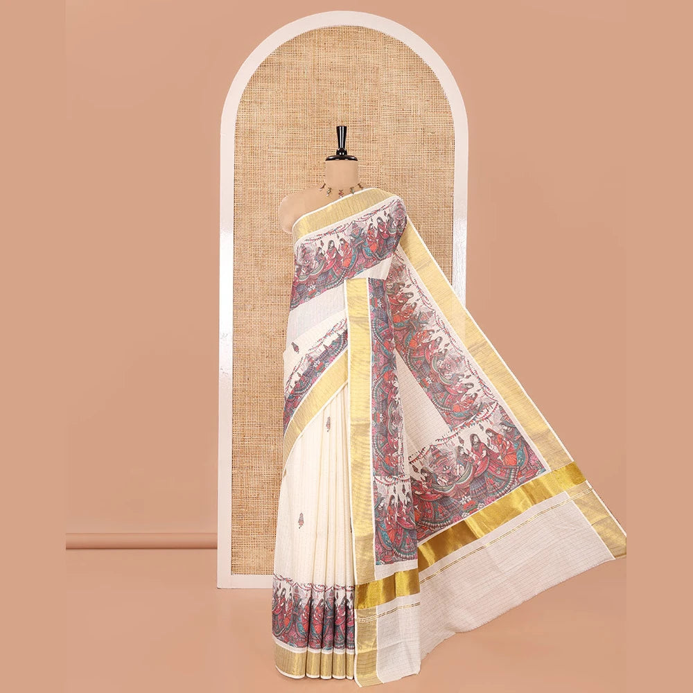 Pothys Half-White Kerala Cotton Saree, Artfully Detailed with Dancing Human Figurines Printed on Its Body, Highlighted by a Zari Border, Pallu Pictures the Same Print, and Paired with a Matching Printed Blouse