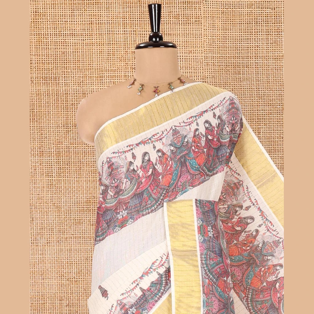 Pothys Half-White Kerala Cotton Saree with Dancing Figurine Print
