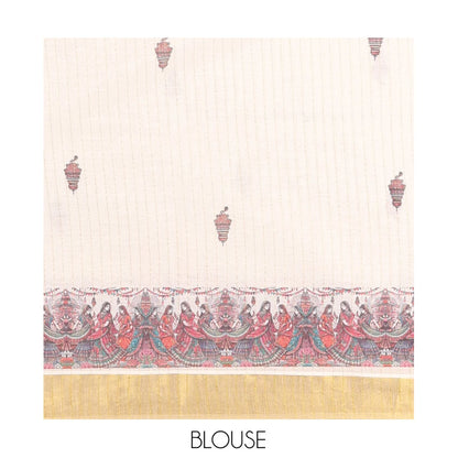 Pothys Half-White Kerala Cotton Saree with Dancing Figurine Print