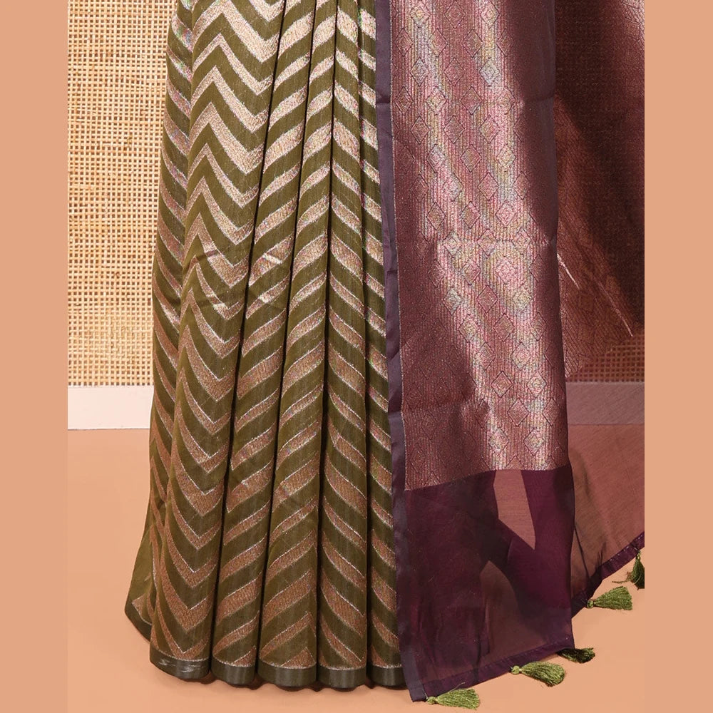 Pothys Borderless Green Chanderi Cotton Saree, Enriched with Chevron Zari Stripes on Its Body, Complemented by Contrast Intricate Jaal Pallu, and Paired with Contrast Blouse