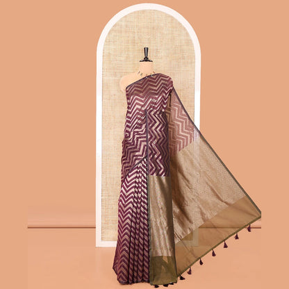 Pothys Borderless Purple Chanderi Cotton Saree, Elevated with Chevron Zari Stripes on Its Body, Complemented by Contrast Intricate Jaal Pallu, and Paired with Contrast Blouse