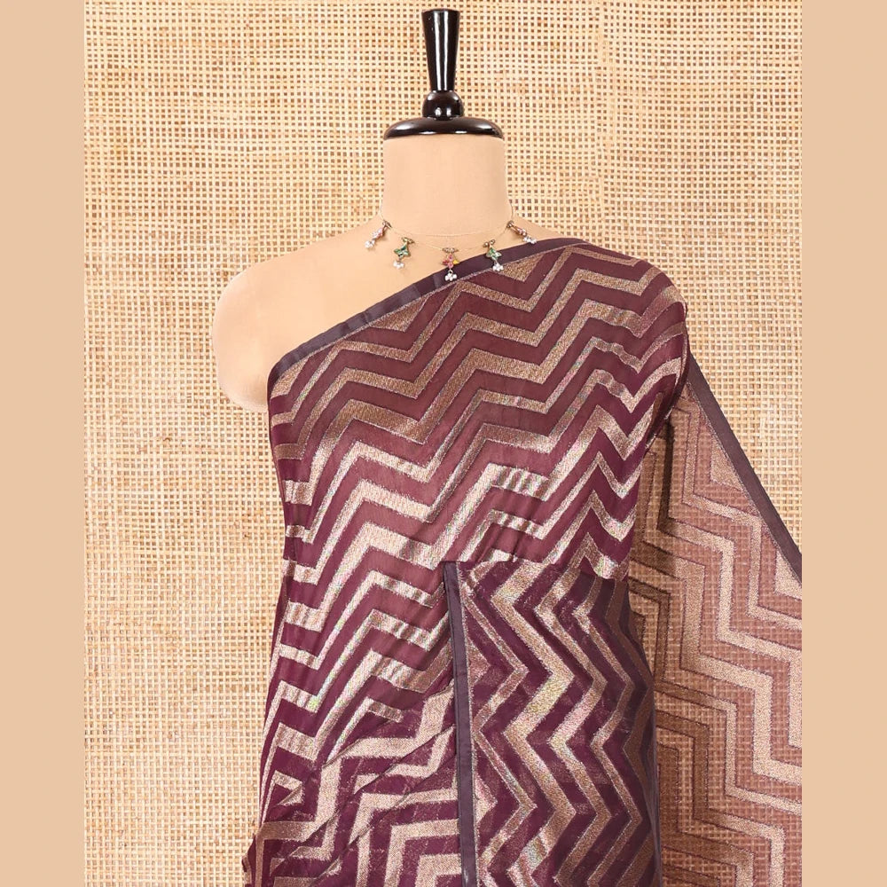 Pothys Borderless Purple Chanderi Cotton Saree, Elevated with Chevron Zari Stripes on Its Body, Complemented by Contrast Intricate Jaal Pallu, and Paired with Contrast Blouse