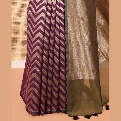 Pothys Borderless Purple Chanderi Cotton Saree, Elevated with Chevron Zari Stripes on Its Body, Complemented by Contrast Intricate Jaal Pallu, and Paired with Contrast Blouse