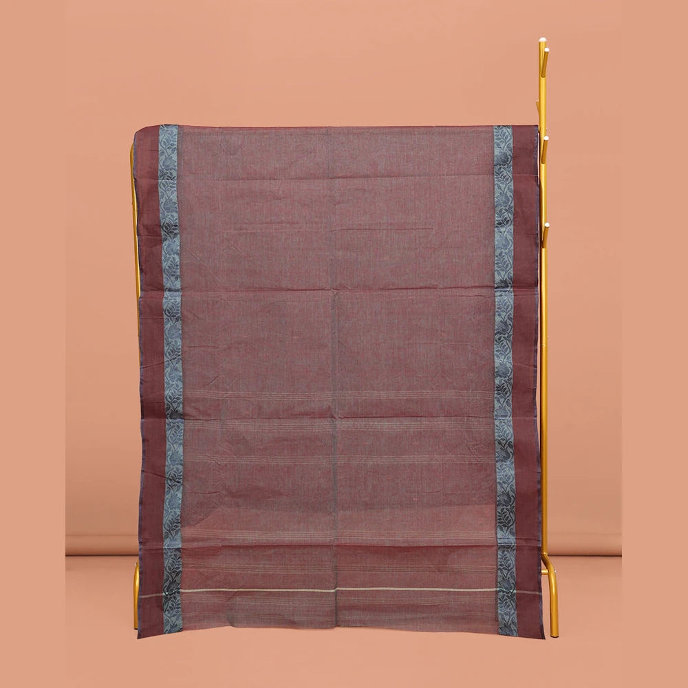 Pothys Brown Dual-tone Bengal Cotton Saree, Decorated with Buttas All Over Its Body, Complemented by a Contrast Border of Floral Creeper Designs, Pallu of Stripes and Buttas, and Paired with a Matching Blouse