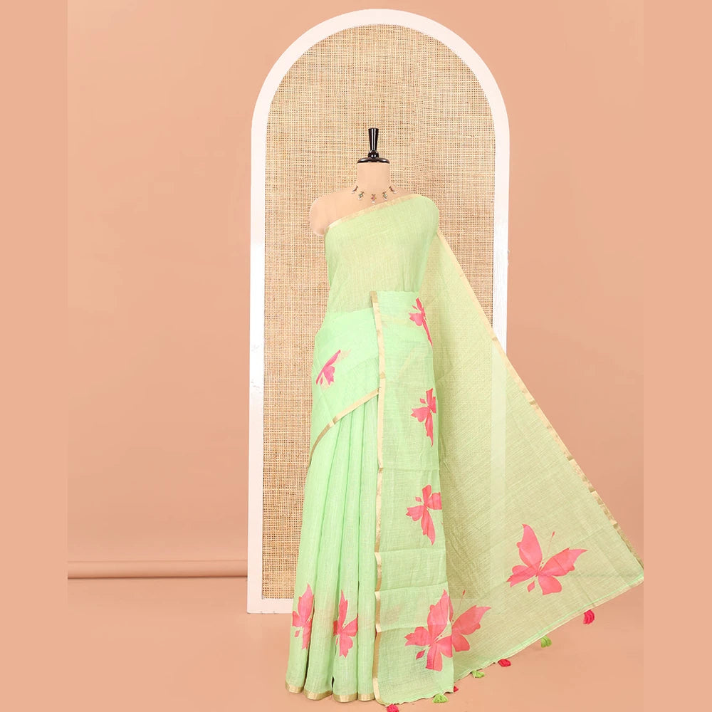 Pothys Green Linen Cotton Saree, Adorned with Butterfly Buttas All Over Its Body, Subtle Piping Border, Pallu of Butterfly Print, and Paired with a Contrast Fairy Motifs Printed Blouse