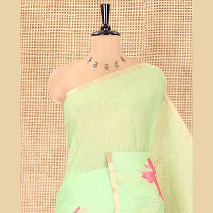 Pothys Green Linen Cotton Saree, Adorned with Butterfly Buttas All Over Its Body, Subtle Piping Border, Pallu of Butterfly Print, and Paired with a Contrast Fairy Motifs Printed Blouse