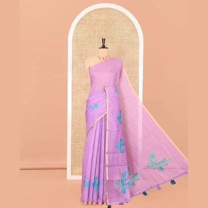 Pothys Lavender Linen Cotton Saree, Featuring Butterfly Buttas All Over Its Body, Subtle Piping Border, Pallu of Butterfly Print, and Paired with a Contrast Fairy Motifs Printed Blouse