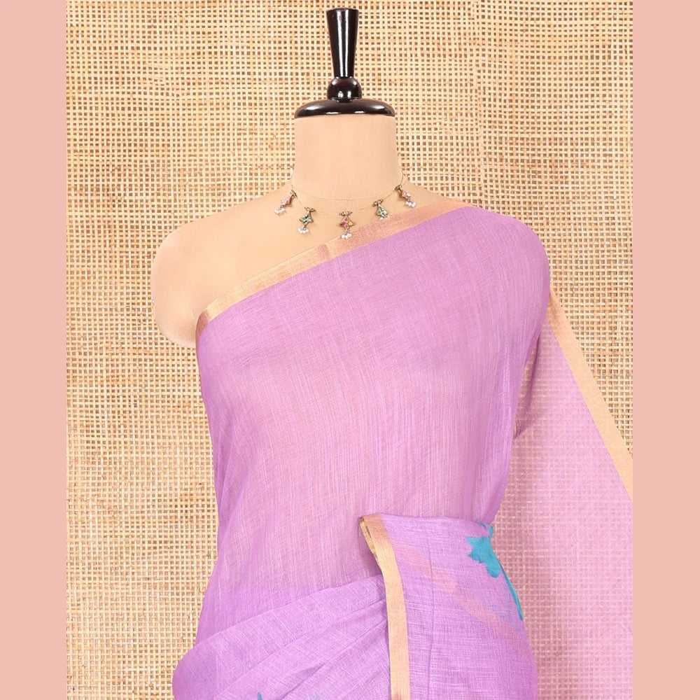 Pothys Lavender Linen Cotton Saree, Featuring Butterfly Buttas All Over Its Body, Subtle Piping Border, Pallu of Butterfly Print, and Paired with a Contrast Fairy Motifs Printed Blouse