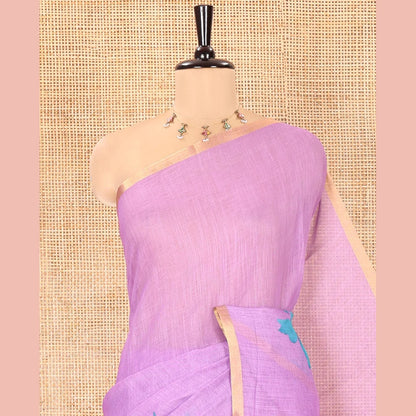 Pothys Lavender Linen Cotton Saree, Featuring Butterfly Buttas All Over Its Body, Subtle Piping Border, Pallu of Butterfly Print, and Paired with a Contrast Fairy Motifs Printed Blouse