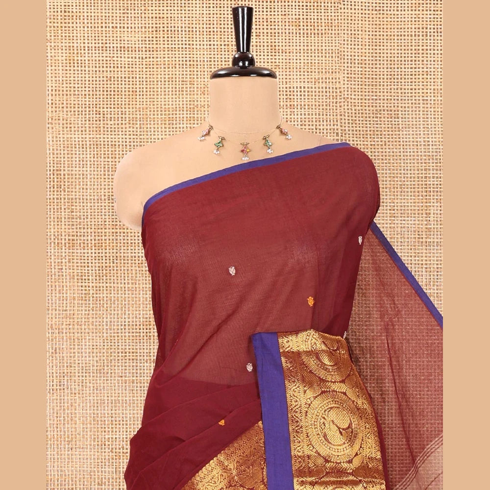 Pothys Maroon Chettinad Cotton Saree with Peacock Border & Blouse