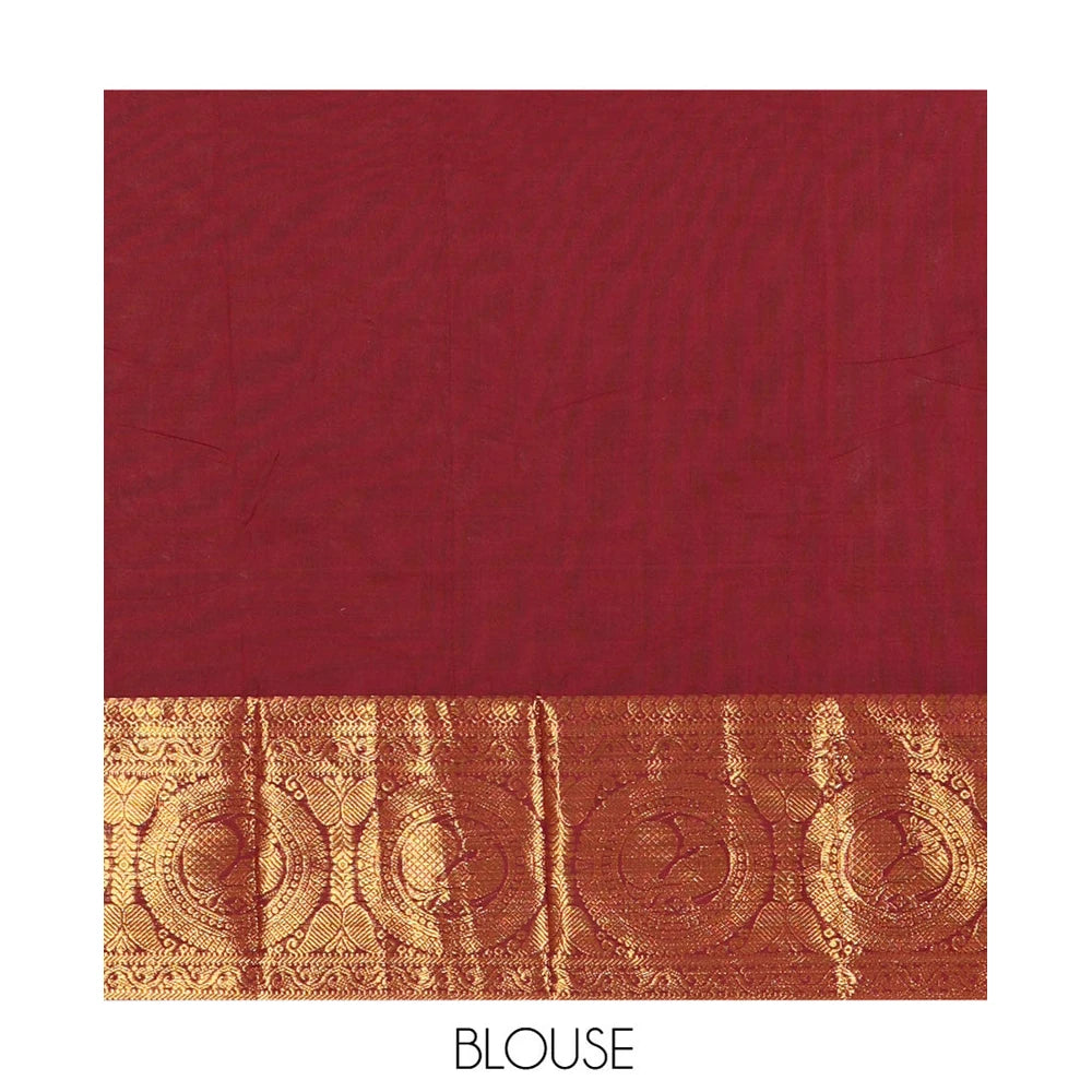 Pothys Maroon Chettinad Cotton Saree with Peacock Border & Blouse