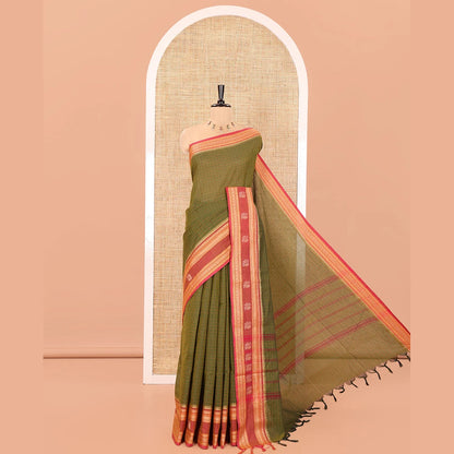 Pothys Green Chettinad Cotton Saree, Subtly Sparkled with Checks on Its Body, Complemented by a Contrast Traditional Border of Peacock Designs, Subtly Striped Pallu, and Paired with a Matching Blouse