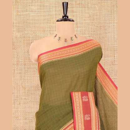 Pothys Green Chettinad Cotton Saree, Subtly Sparkled with Checks on Its Body, Complemented by a Contrast Traditional Border of Peacock Designs, Subtly Striped Pallu, and Paired with a Matching Blouse