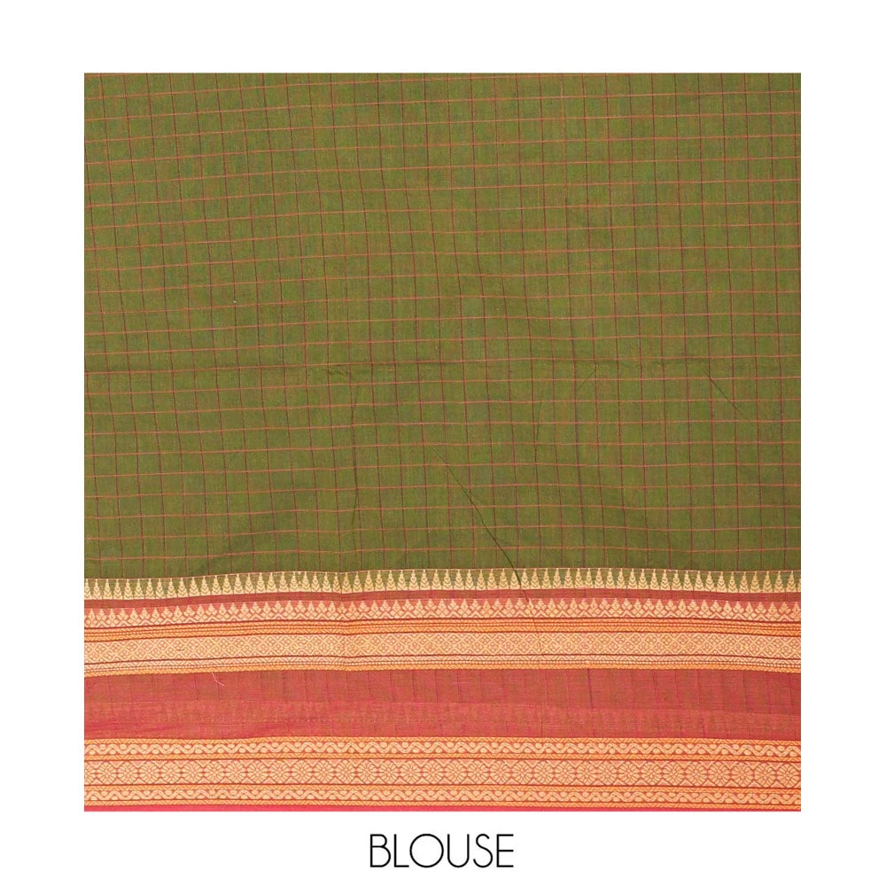 Pothys Green Chettinad Cotton Saree, Subtly Sparkled with Checks on Its Body, Complemented by a Contrast Traditional Border of Peacock Designs, Subtly Striped Pallu, and Paired with a Matching Blouse