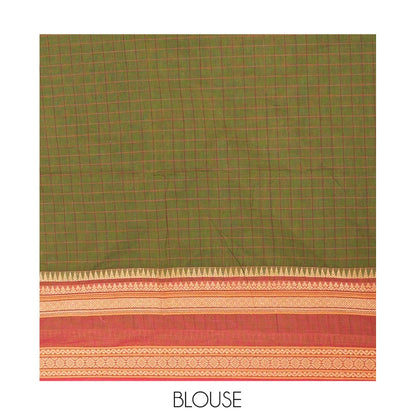 Pothys Green Chettinad Cotton Saree, Subtly Sparkled with Checks on Its Body, Complemented by a Contrast Traditional Border of Peacock Designs, Subtly Striped Pallu, and Paired with a Matching Blouse